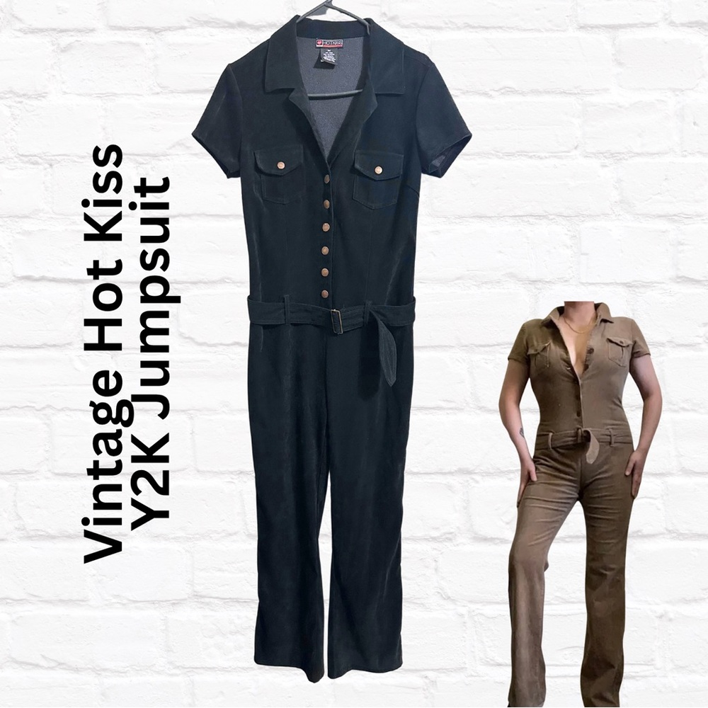 Vintage Y2K Jumpsuit M Black Suede‎ Hot Kiss Wide Leg Flare Grunge Goth Romantic